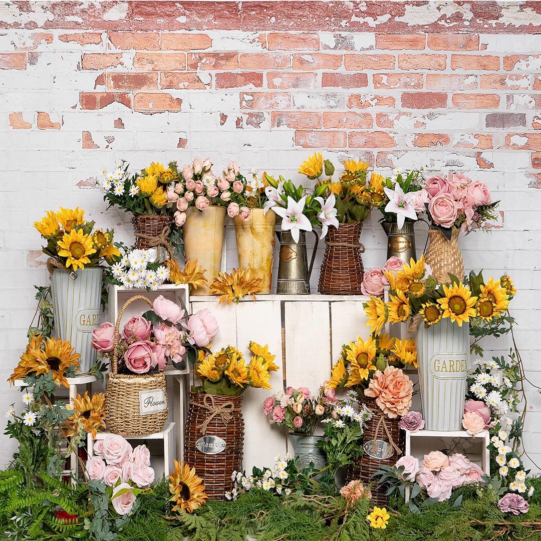 Kate Telón de fondo de pared de ladrillo de girasol de tienda de flores de primavera diseñado por Emetselch