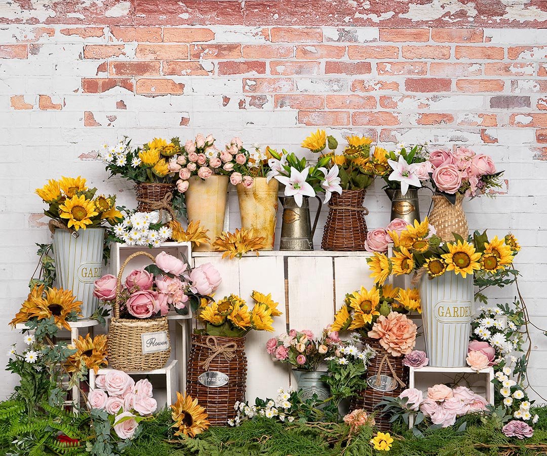 Cargar imagen en el visor de la galería, Kate Telón de fondo de pared de ladrillo de girasol de tienda de flores de primavera diseñado por Emetselch