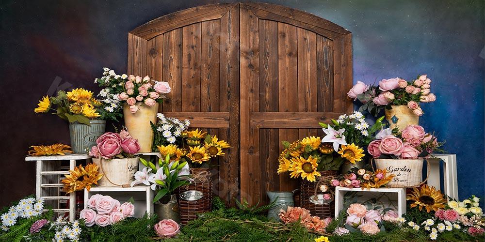 Kate Primavera / día de la madre Flores Puerta de la tienda Telón de fondo azul Diseñado por Emetselch