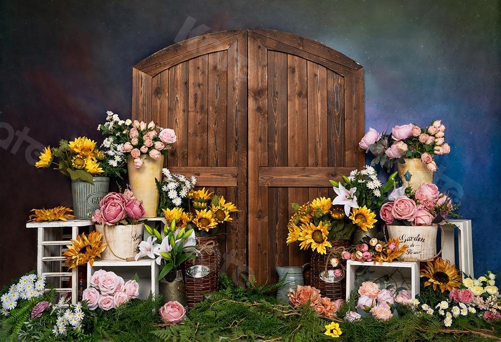 Kate Primavera / día de la madre Flores Puerta de la tienda Telón de fondo azul Diseñado por Emetselch
