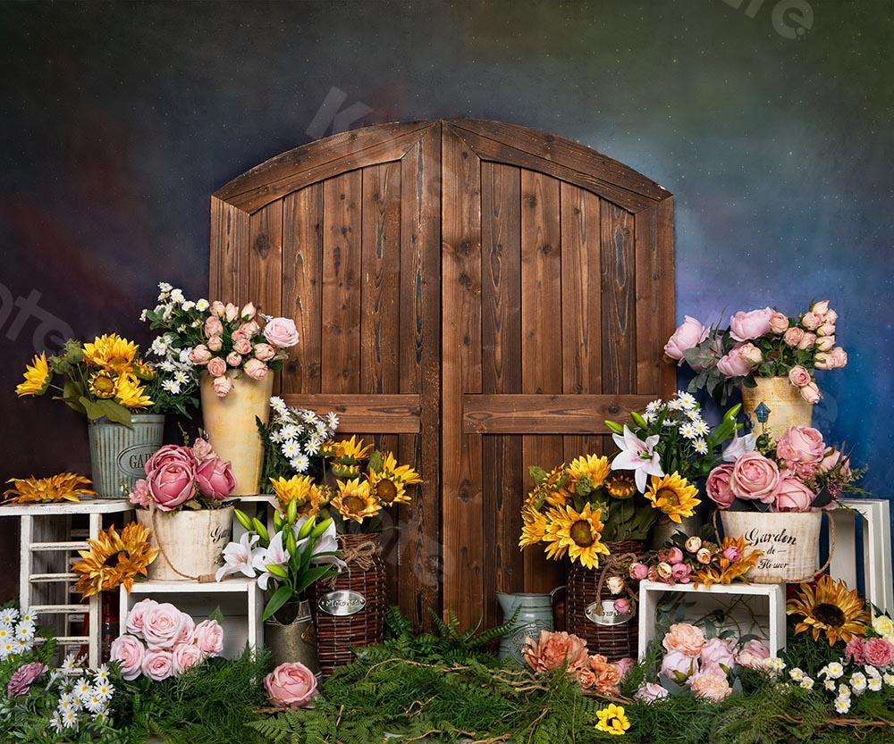 Kate Primavera / día de la madre Flores Puerta de la tienda Telón de fondo azul Diseñado por Emetselch