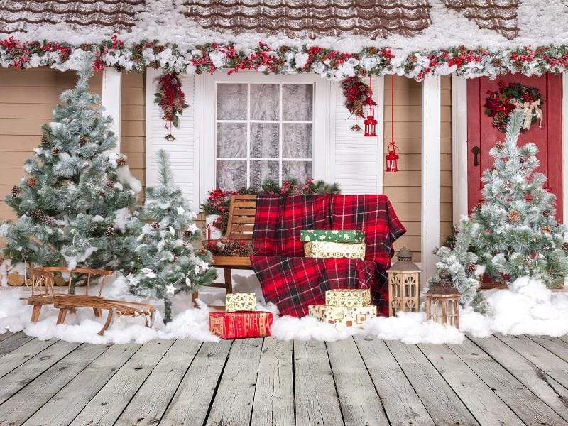 Katebackdrop：Kate Snow Outside House With Christmas Trees And Gifts for Photography