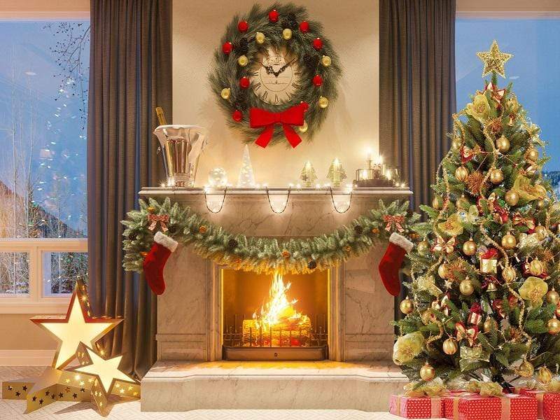 Katebackdrop：Kate Window Christmas Trees And Fireplace With Candle for Photography