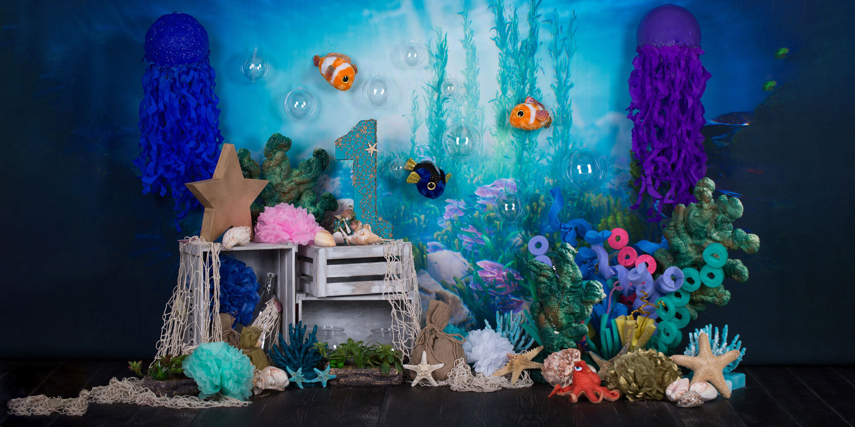 Cargar imagen en el visor de la galería, Kate Sirena bajo el mar 1er pastel de cumpleaños aplastar Verano Telón de fondo diseñado por Studio Gumot