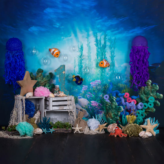 Kate Sirena bajo el mar 1er pastel de cumpleaños aplastar Verano Telón de fondo diseñado por Studio Gumot