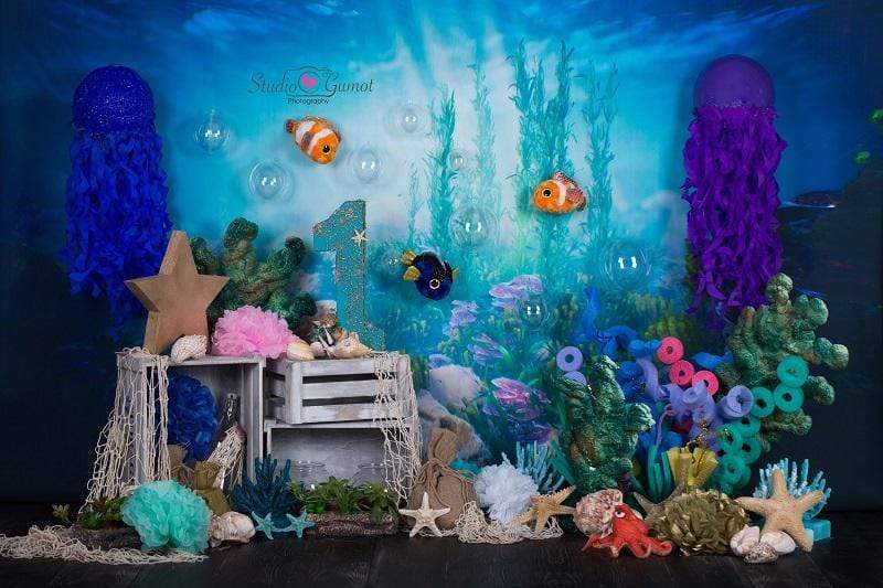 Katebackdrop：Kate mermaid under sea 1st birthday cake smash summer backdrop designed by studio gumot