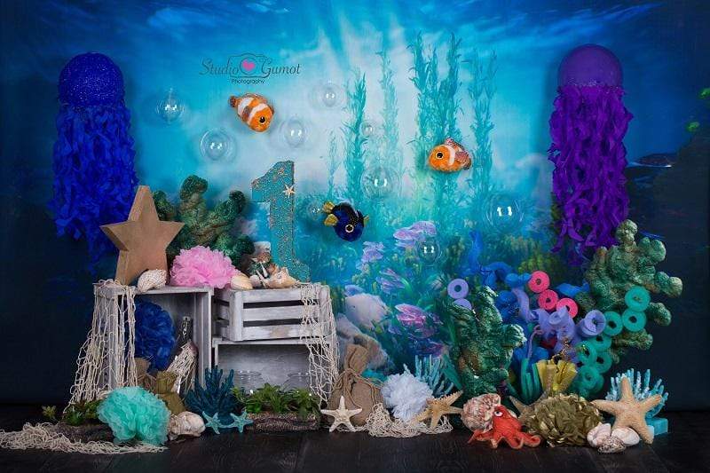 Cargar imagen en el visor de la galería, Katebackdrop：Kate mermaid under sea 1st birthday cake smash summer backdrop designed by studio gumot