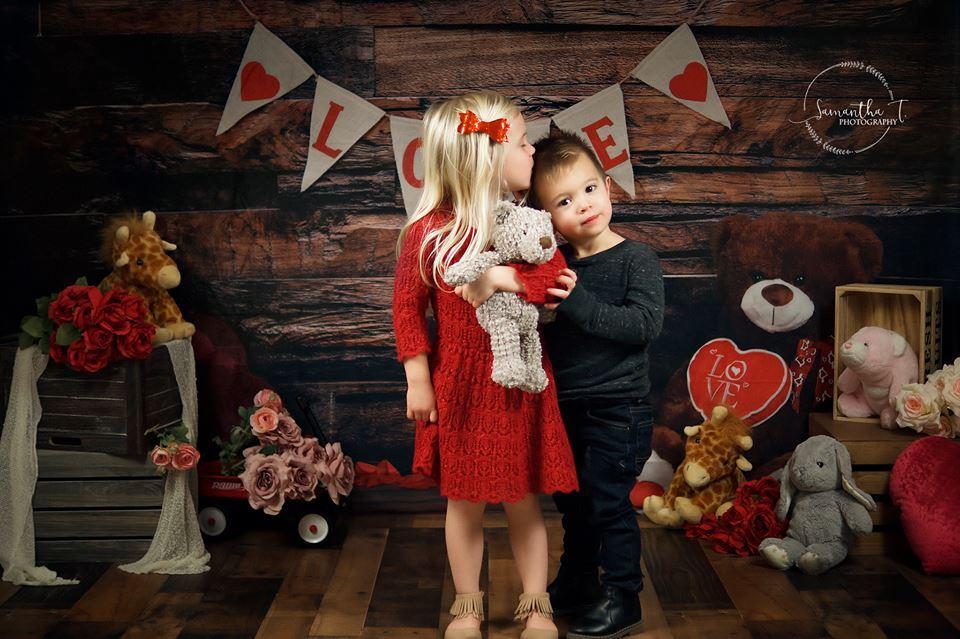 Katebackdrop：Kate Be my Valentine Wooden Wall And Teddy Bear Love Banner Backdrop
