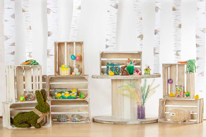 Kate conejos y decoraciones como telón de fondo de pascua para fotografía diseñado por Mini MakeBelieve