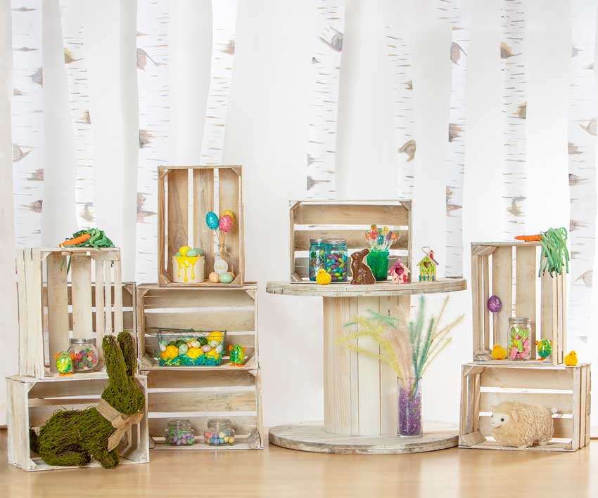 Kate conejos y decoraciones como telón de fondo de pascua para fotografía diseñado por Mini MakeBelieve