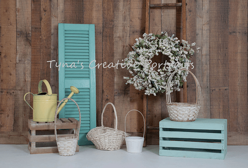 Katebackdrop£ºKate Wood Wall Flowers Basket Decorations Spring Backdrop for Photography Designed by Tyna Renner