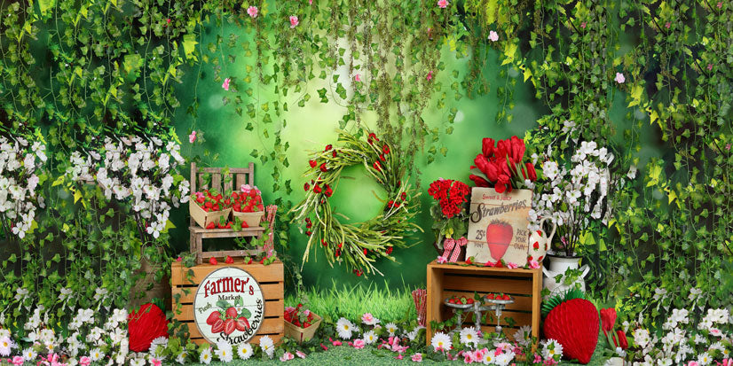 Cargar imagen en el visor de la galería, Kate verano fresa y flor blanca hojas verdes con pancartas telón de fondo de cumpleaños niños