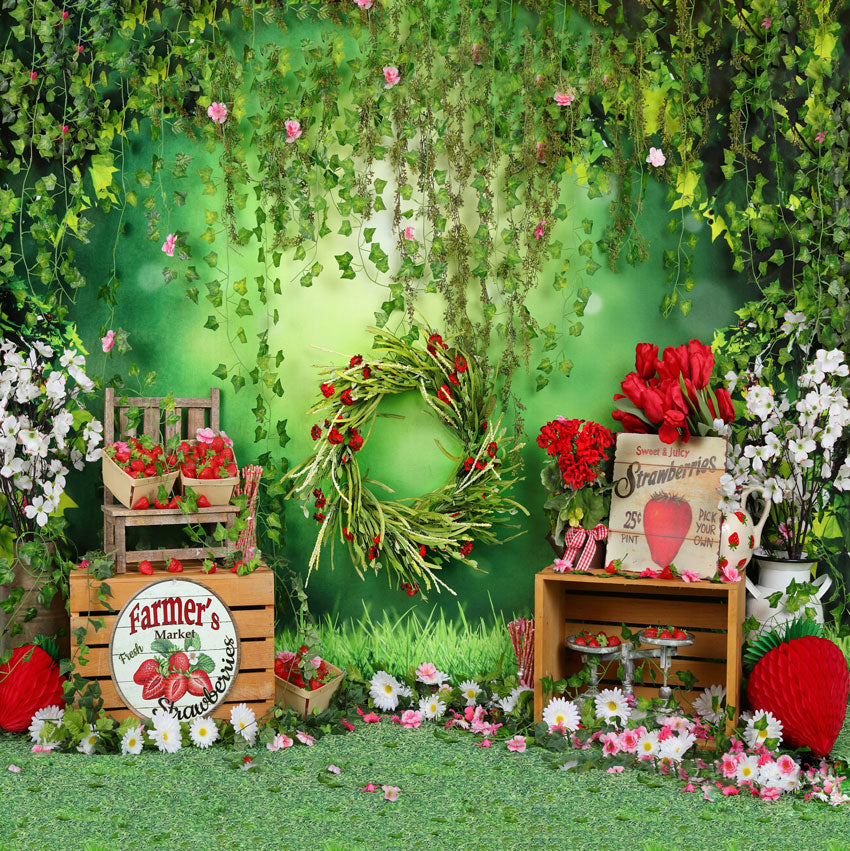 Cargar imagen en el visor de la galería, Kate verano fresa y flor blanca hojas verdes con pancartas telón de fondo de cumpleaños niños