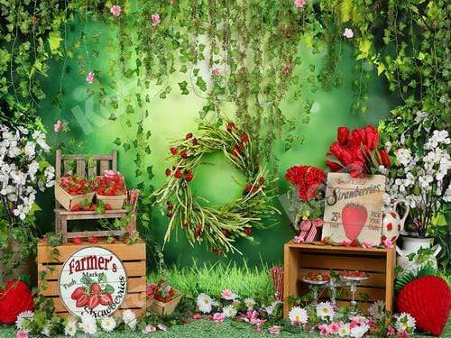 Katebackdrop：Kate Summer Strawberry and White Flower Green Leaves With Banners Birthday Backdrop