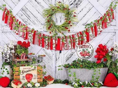 Katebackdrop£ºKate Summer Strawberry White Wooden Board With Banners Backdrop
