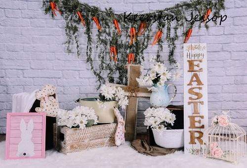 Katebackdrop£ºKate Brick Wall with Carrots Banners Easter Backdrop for Photography Designed by Keerstan Jessop