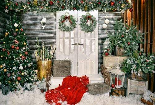 Katebackdrop：Kate Christmas Trees White Door Decorations  Backdrop for Photography