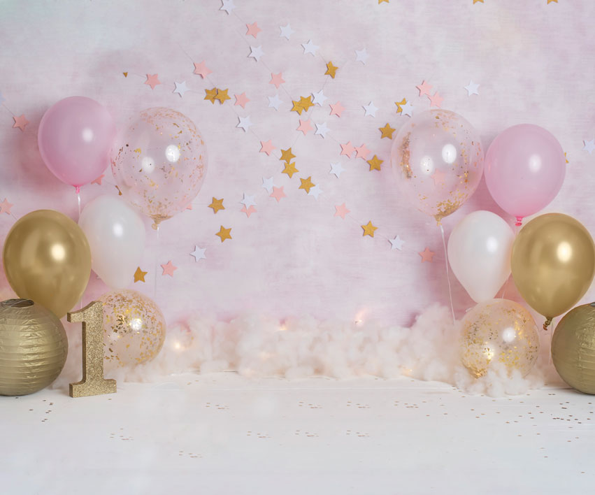 Cumpleaños de Kate Globos para niños Telón de fondo rosa diseñado por Rose Abbas