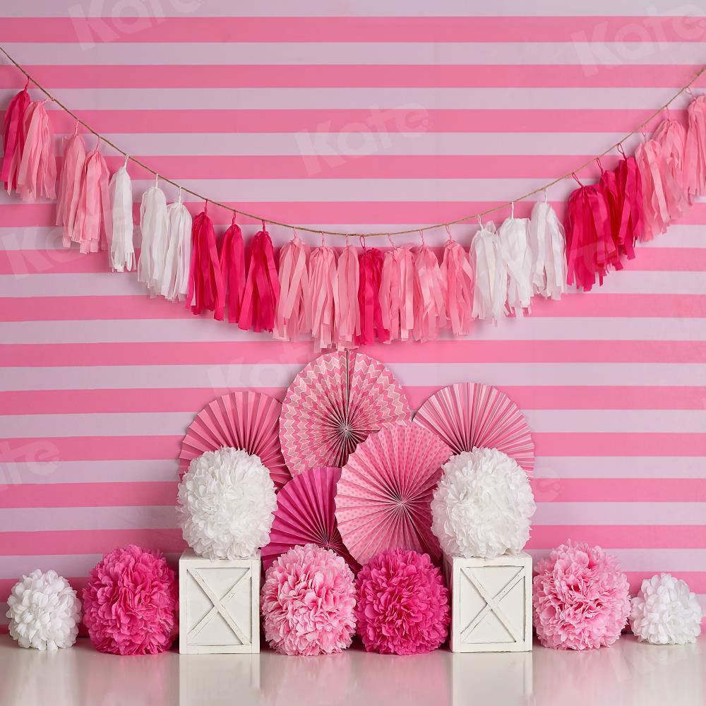 Cargar imagen en el visor de la galería, Kate Cumpleaños rayas rosa y blanco telón de fondo para fotografía diseñado por Mandy Ringe Photography