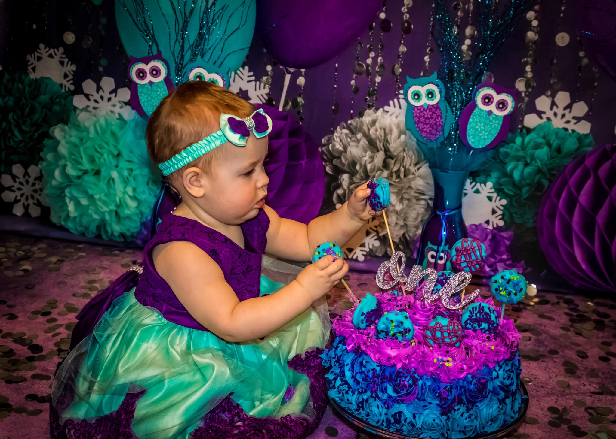 Kate Fondo de cumpleaños púrpura de onederland de invierno diseñado por Mandy Ringe Photography