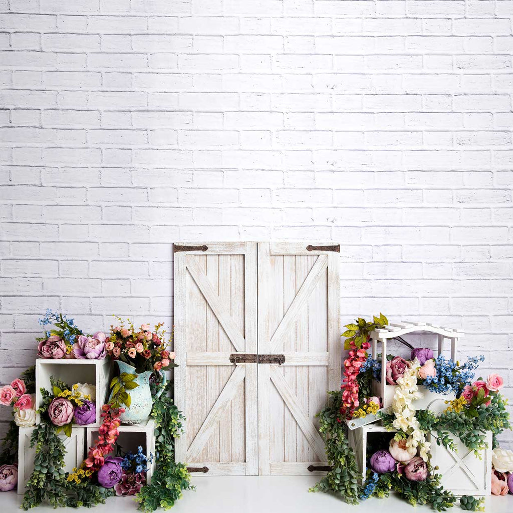 Kate primavera coloridas flores puerta de granero Telón de fondo Diseñado por Megan Leigh Photography