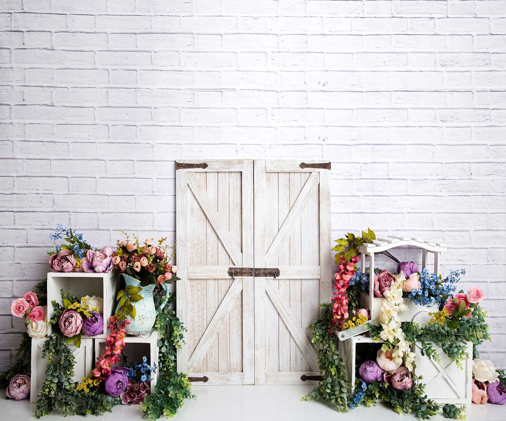 Kate primavera coloridas flores puerta de granero Telón de fondo Diseñado por Megan Leigh Photography