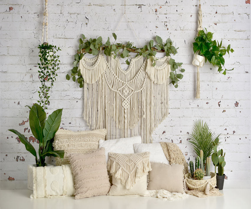 Kate Almohadas de piso de macramé Boho con fondo de plantas de primavera madre diseñado por Mandy Ringe Photography