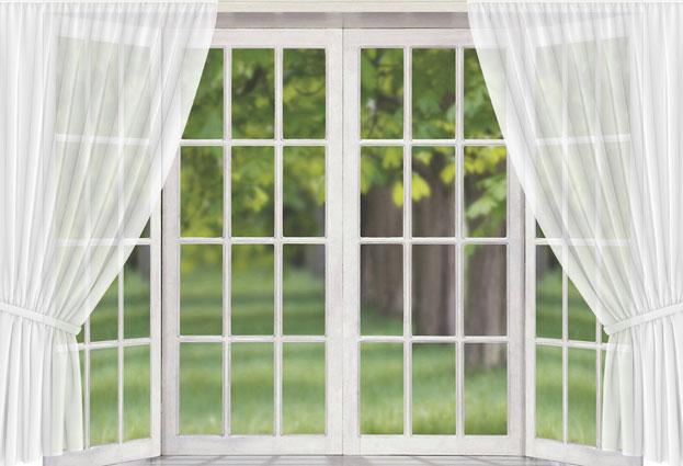 Kate Vista de ventana Telón de fondo de primavera con cortina blanca Diseñado por JS Photography