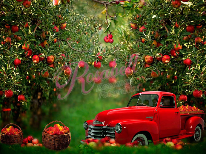 Kate Huerto de manzanas Camión rojo Telón de fondo para fotografía diseñado por Rosabell Photography