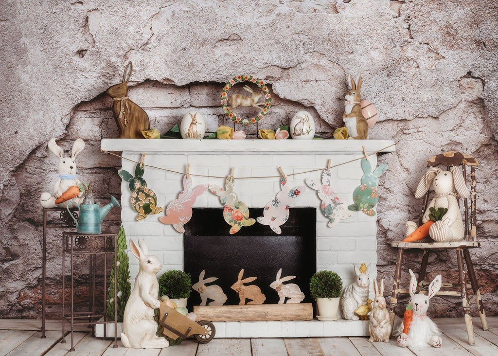 Kate Pascua / primavera Conejitos Zanahorias Chimenea Telón de fondo para fotografía diseñado por Rose Abbas