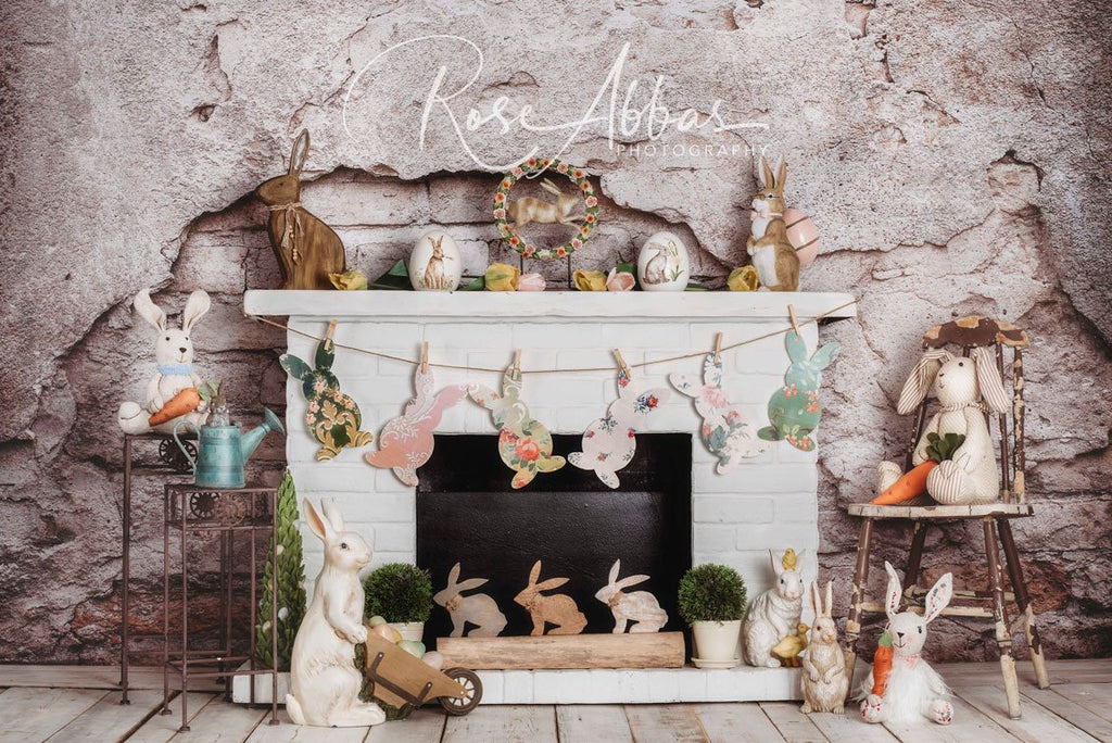 Kate Pascua / primavera Conejitos Zanahorias Chimenea Telón de fondo para fotografía diseñado por Rose Abbas