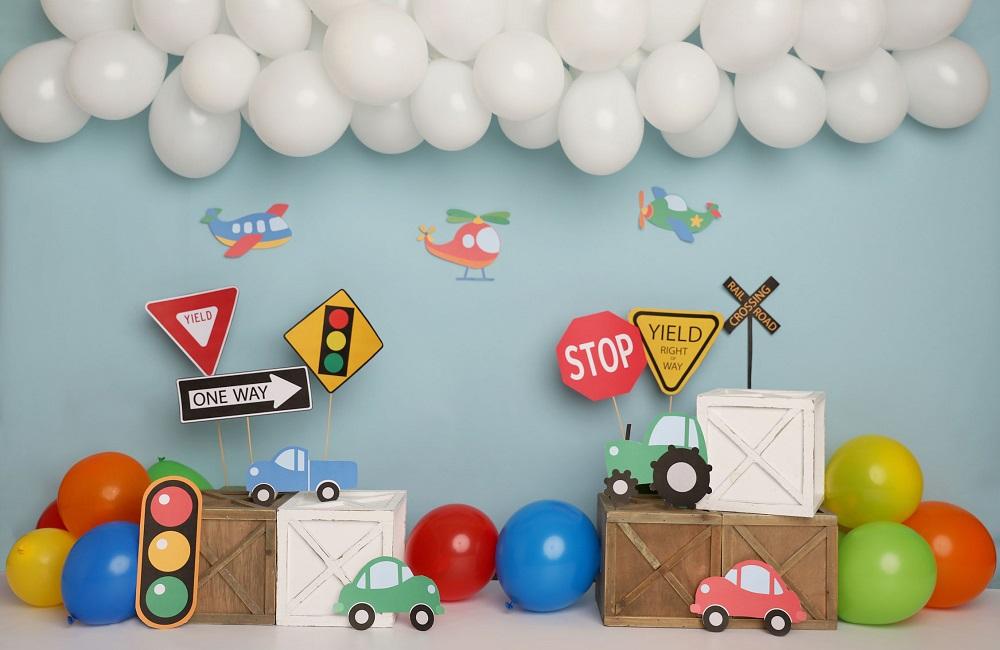 Kate Vistoso Cumpleaños Coches Camiones Aviones Telón de fondo para fotografía diseñado por Melissa King