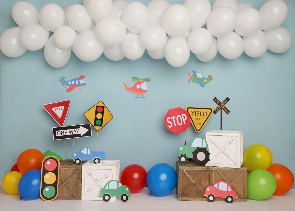 Kate Vistoso Cumpleaños Coches Camiones Aviones Telón de fondo para fotografía diseñado por Melissa King