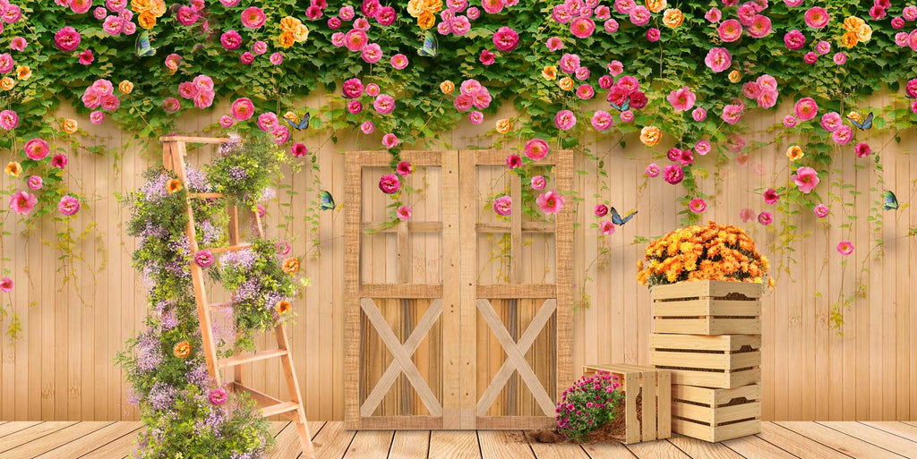 Kate jardín de flores de primavera puerta de madera Telón de fondo