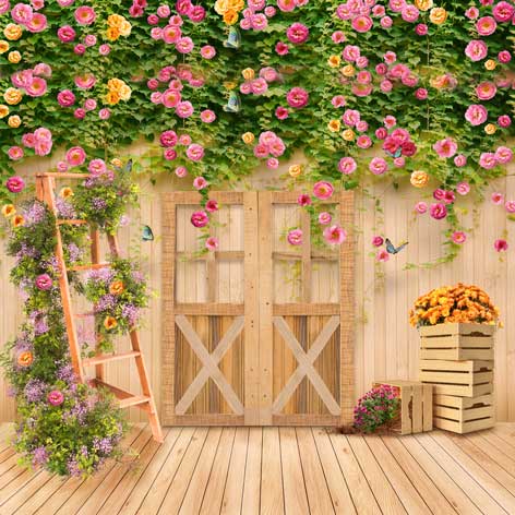 Kate jardín de flores de primavera puerta de madera Telón de fondo