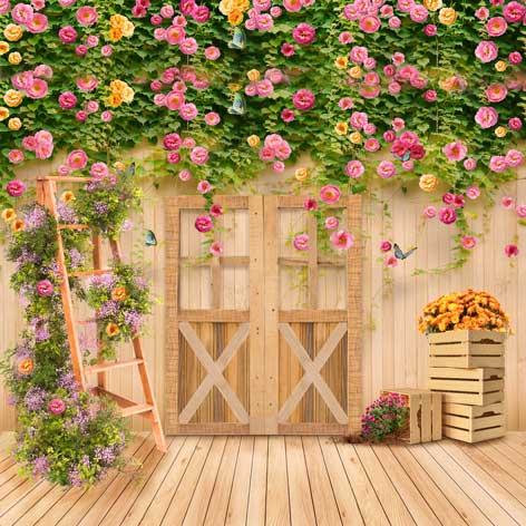 Cargar imagen en el visor de la galería, Kate jardín de flores de primavera puerta de madera Telón de fondo