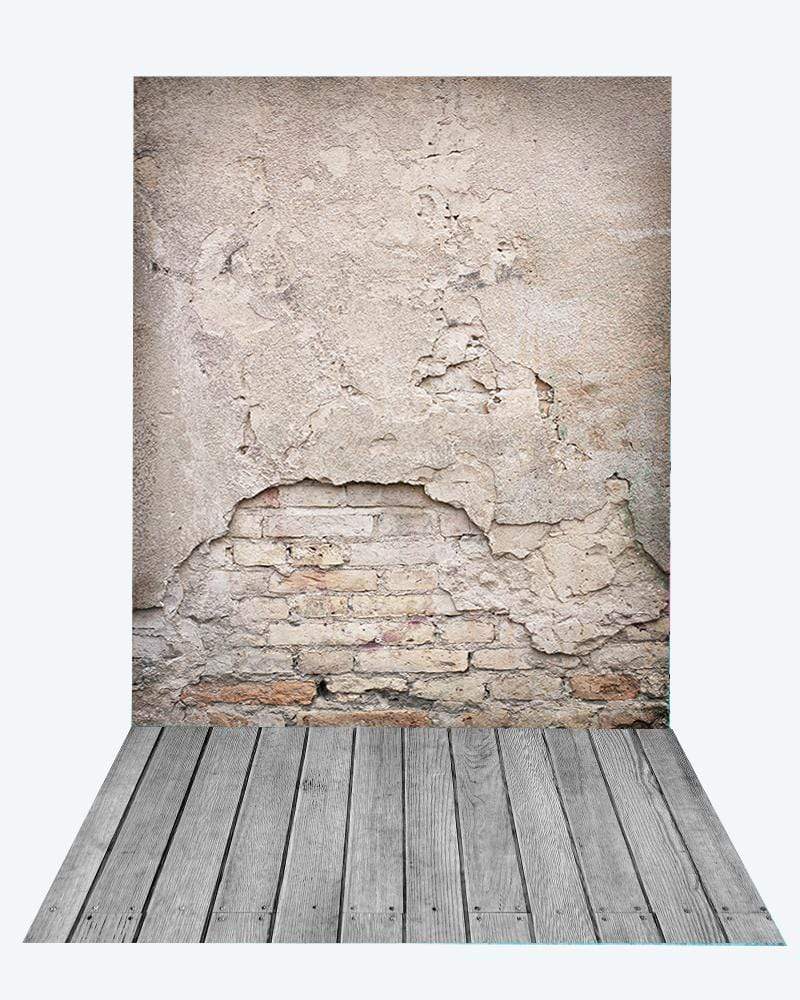 Katebackdrop：Kate Retro Damaged Cement Brick Backdrop+Gray Wooden Rubber floor mat