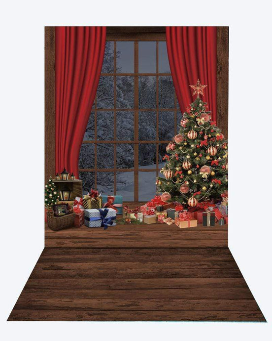 Katebackdrop¡êoKate Christmas Window Tree Photography +Brown wood floor mat
