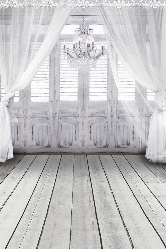 Kate windows con cortinas transparentes blancas piso de araña Telón de fondo boda