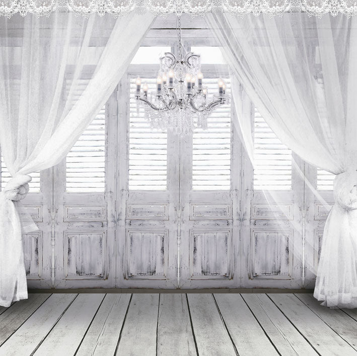 Kate windows con cortinas transparentes blancas piso de araña Telón de fondo boda
