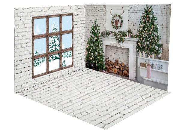 Katebackdrop：Kate Christmas Fireplace White Brick Wall and Floor Window room set