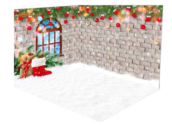Katebackdrop：Kate Christmas Decorations Socks Snow Window room set