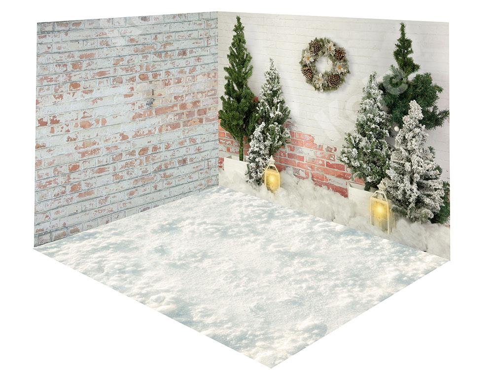 Kate Árboles de Navidad Conjunto de habitación de telón de fondo de nieve de pared de ladrillo