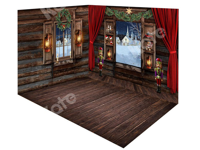 Kate Conjunto de habitación de telón de fondo de ventanas interiores de madera de Navidad