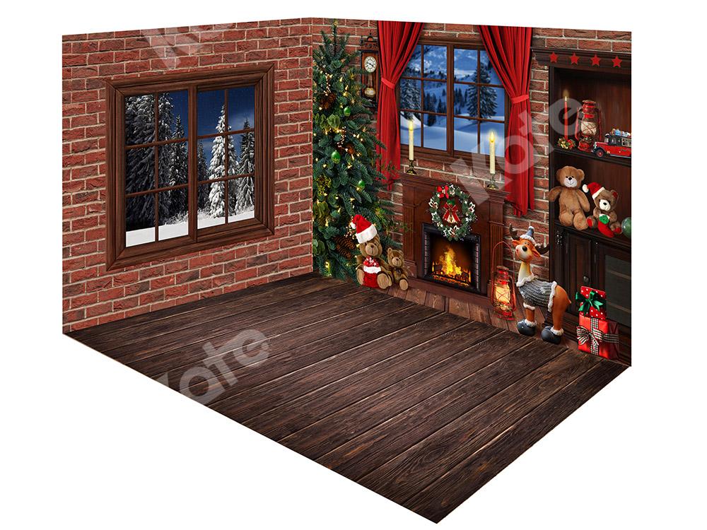 Kate Conjunto de habitación de telón de fondo de chimenea de ventana de pared de ladrillo de Navidad