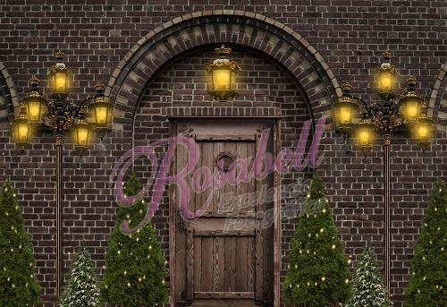 Cargar imagen en el visor de la galería, Kate Navidad Pared de ladrillo Puerta de madera Telón de fondo para fotografía diseñado por Rosabell Photography