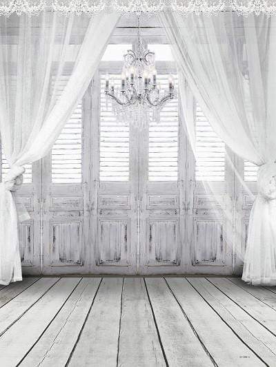 Katebackdrop：Kate windows with white sheer curtains chandelier floor Backdrop